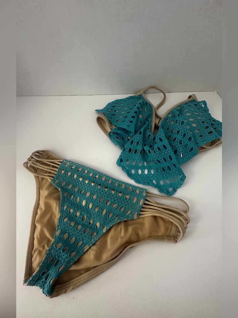 Luli Fama Teal Crochet Bikini with Beige Lining